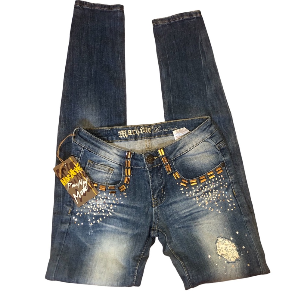 Machine Pour Neuf Mode Low Rise Jeans Jewels Beads Size 26
